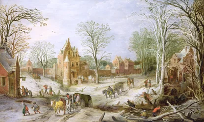 Ein bewaldetes Winterlandschaft mit einem Wagen